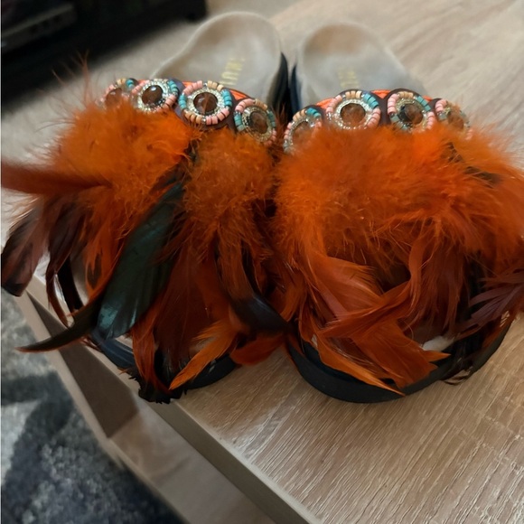 INUIKII black / orange feather hand beaded strap sandals retail $225 size 38 - Picture 3 of 4